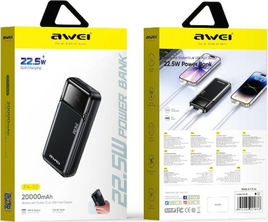 Awei PA-92 Външна Батерия 20000mAh 22.5W с USB-A Изходен Порт и 2 USB-C Изходни Порта Power Delivery Черен