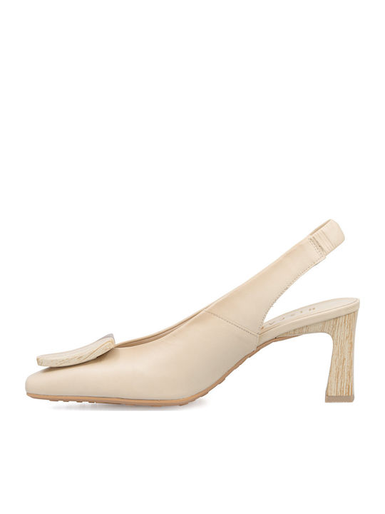 Leather Heels with Chunky Mid Heel Beige