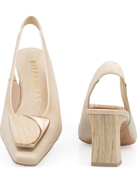 Leather Heels with Chunky Mid Heel Beige