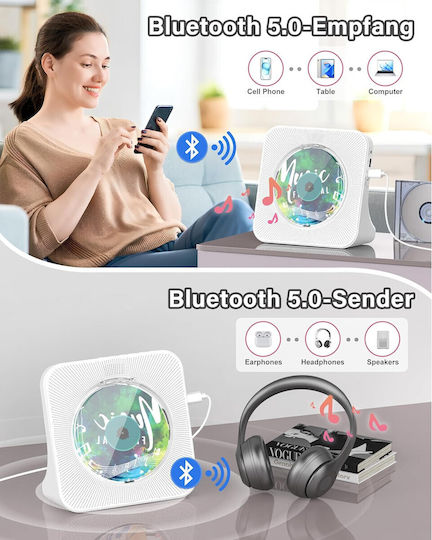 Premium Player Cd Portabil Greadio Bluetooth 5.0 Bidirecțional Boxe Stereo Hifi Telecomandă Ecran Led Radio Fm Cd Mp3 Usb Aux Suport Jack Căști Design Elegant Rezistent la Praful Funcție Temporizator de Somn Alb