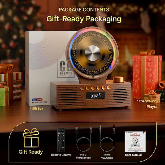 Roadom Cd Player Portabil Bluetooth 5.3 Difuzoare Duale Hi-fi Baterie 4000 Mah 6 În 1 Cd Usb Tf Fm Aux Lumină Rgb Telecomandă Design Vintage Retro Lemn Maro
