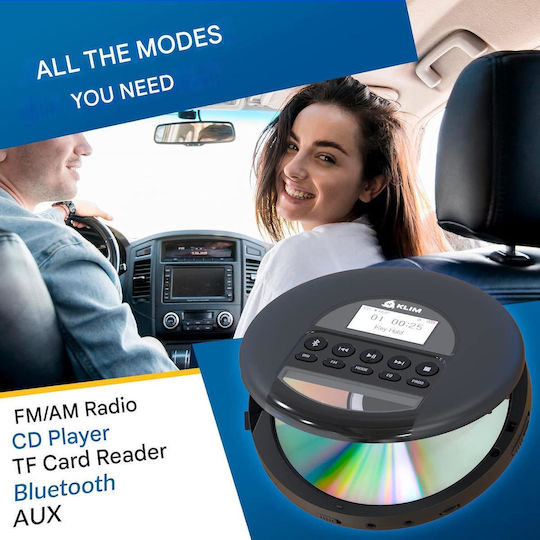 Klim Nomad Cd Player Portabil Discman Bluetooth Radio Fm Mp3 Cititor Tf Baterie Reîncărcabilă Inclusă Căști Compatibil Cd-r/cd-rw Aux Auto Negru