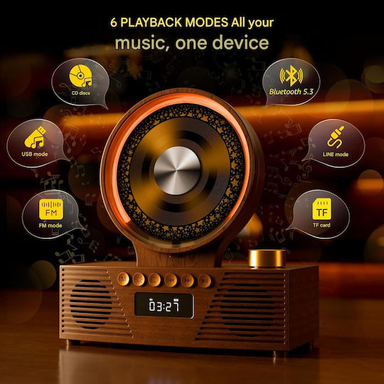 Roadom Cd Player Portabil Bluetooth 5.3 Difuzoare Duale Hi-fi Baterie 4000 Mah 6 În 1 Cd Usb Tf Fm Aux Lumină Rgb Telecomandă Design Vintage Retro Lemn Maro