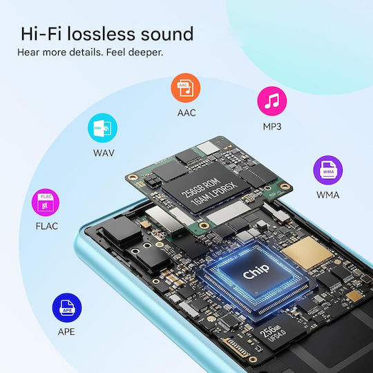 MP3 Player 128 GB Agptek Bluetooth 5.4 Ecran 2.4 Inch Înregistrare Cu Un Singur Click Difuzor HD Integrat Radio FM Carcasă Metalică Butoane Tactile Portabil Căști Incluse Albastru