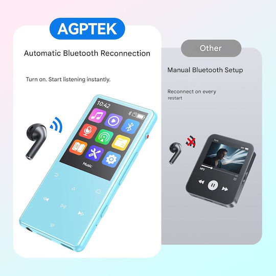 MP3 Player 128 GB Agptek Bluetooth 5.4 Ecran 2.4 Inch Înregistrare Cu Un Singur Click Difuzor HD Integrat Radio FM Carcasă Metalică Butoane Tactile Portabil Căști Incluse Albastru