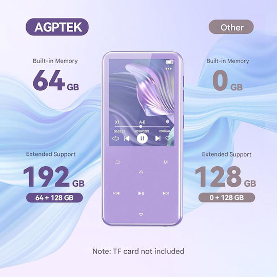 Agptek MP3 Player 64GB Bluetooth 5.3 Ecran TFT 2.4 Inch Hifi Lossless Difuzor Incorporat Radio FM Înregistrare Suportă Card TF 128GB Mov