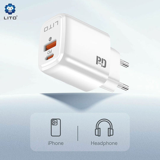 Lito Wireless Charger With USB-A Output Port And USB-C Output Port 20W Power Delivery White (LC28)