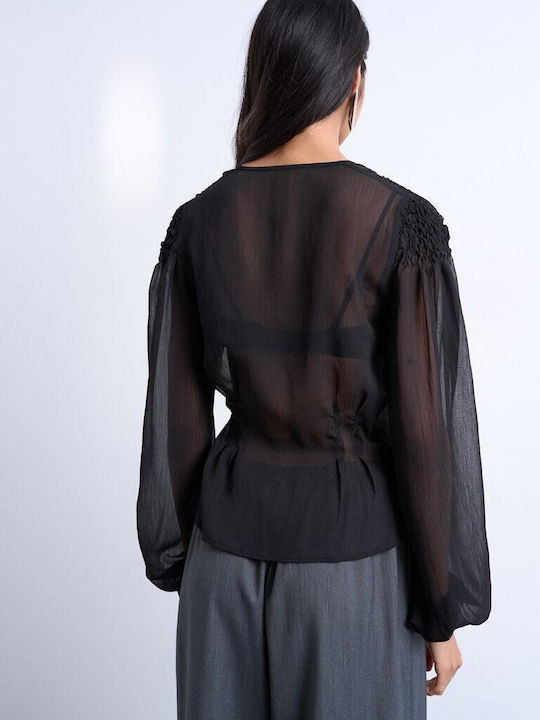 Women's Blouse Long Sleeve with V-Neckline Black