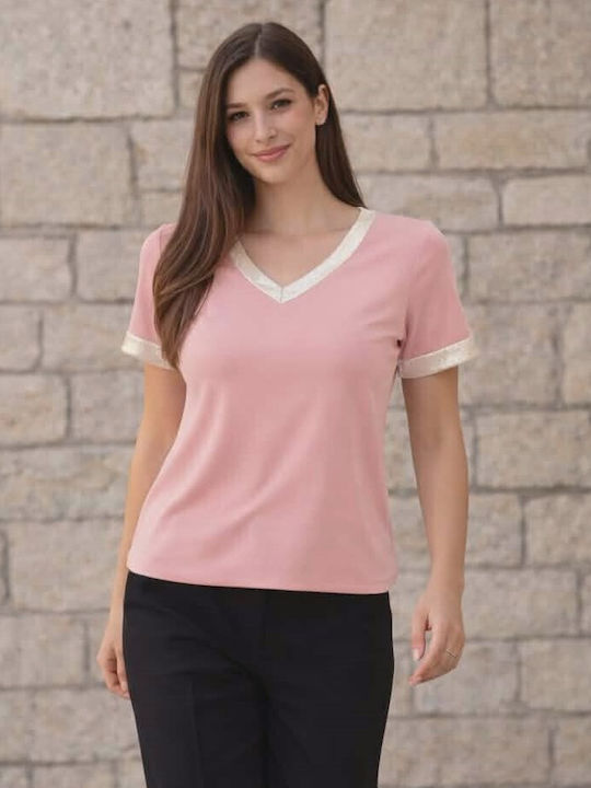 Bluza Damă Bumbac Mâneci Scurte cu Decolteu în V Roz