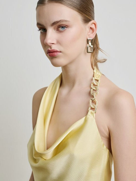 Summer Midi Evening Slip Dress Satin Open Back Yellow