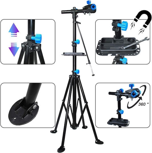 Stand De Reparații Profesional Pentru Bicicletă Zola Reglabil Pe Înălțime 108-190 Cm Prindere Cu Clește 25-55 Mm Greutate Susținută 30 Kg Metal Plastic Negru Albastru