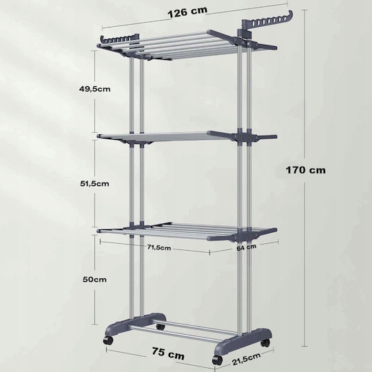 Folding Floor Metallic Clothes Drying Rack with Wheels with Hanging Length 24m