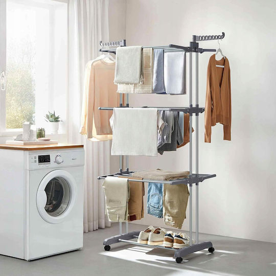 Folding Floor Metallic Clothes Drying Rack with Wheels with Hanging Length 24m