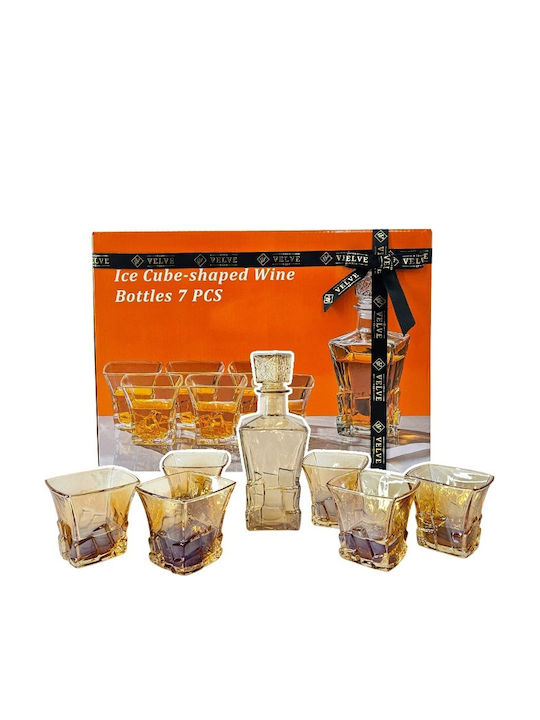 Velve Carafă de Servire din Sticlă pentru Whiskey cu Dop și Pahare Galben Miere 300ml 7 Bucăți