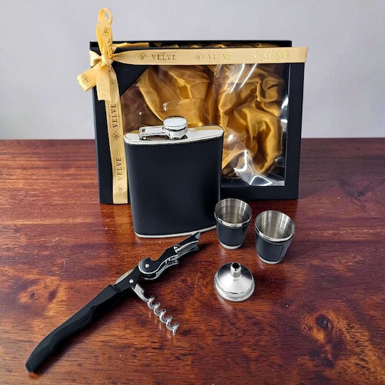 Set Cadou pentru Bărbați Vlv Flask Pahare Pâlnie Tirbușon Multifuncțional Negru