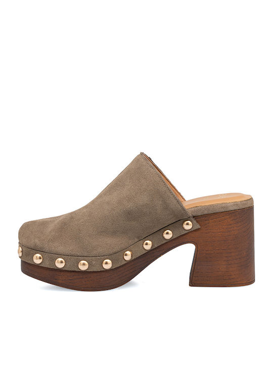 Suede Mules with Heel in Brown Colour