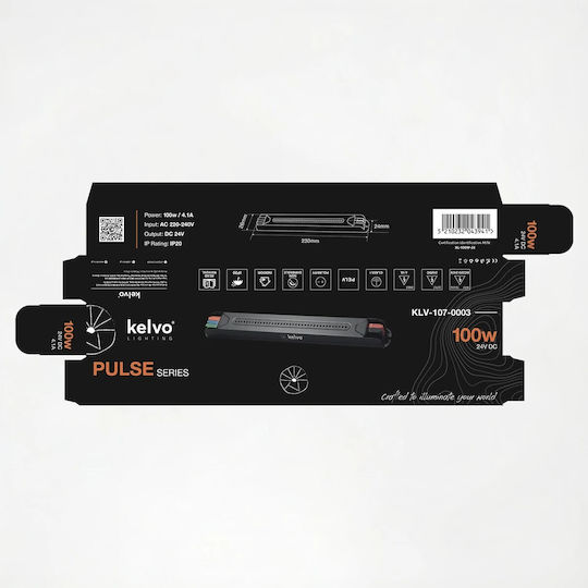 Kelvo Pulse Klv-107-0003 Ultra Slim LED Power Supply Transformer Class I Pelv 100W 4.1A AC 220-240V DC 24V IP20 Grey Anthracite Matte M23 x W2.6 x H2.4cm 5 Years Warranty