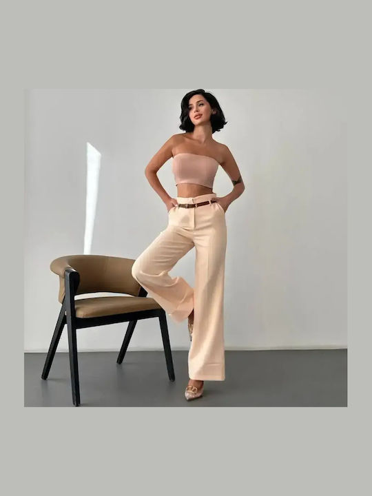 Women's High Rise Fabric Trousers in Slim Fit Beige