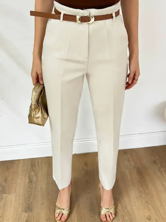 Women's High Rise Fabric Trousers in Slim Fit Beige