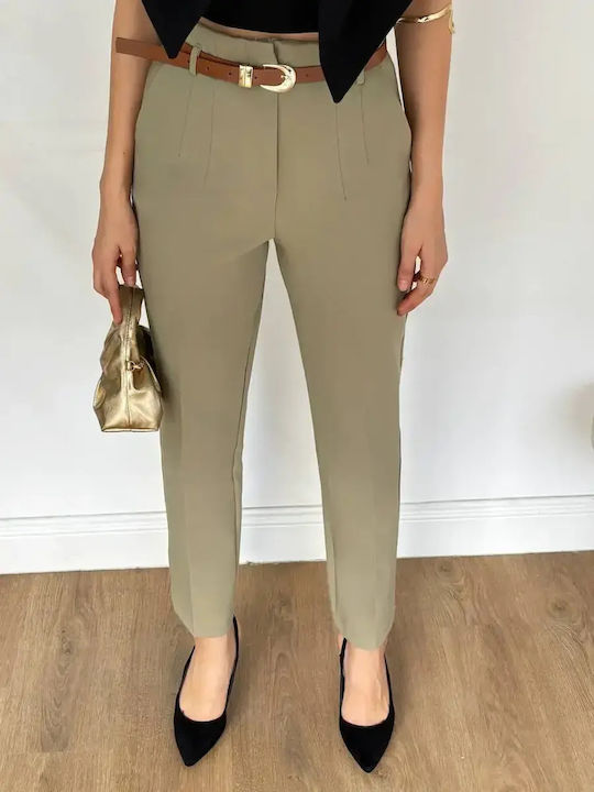 Women's High Rise Fabric Trousers in Slim Fit Khaki