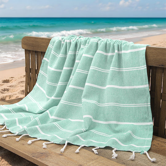 Lino Home Beach Towel Pareo Cotton Green With Fringes 90x180cm