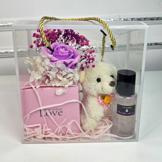 Set Cadou Crem Ursuleț Teddy Trandafir Mov Săpun Gypsophila Criogenată Shine Body Mist