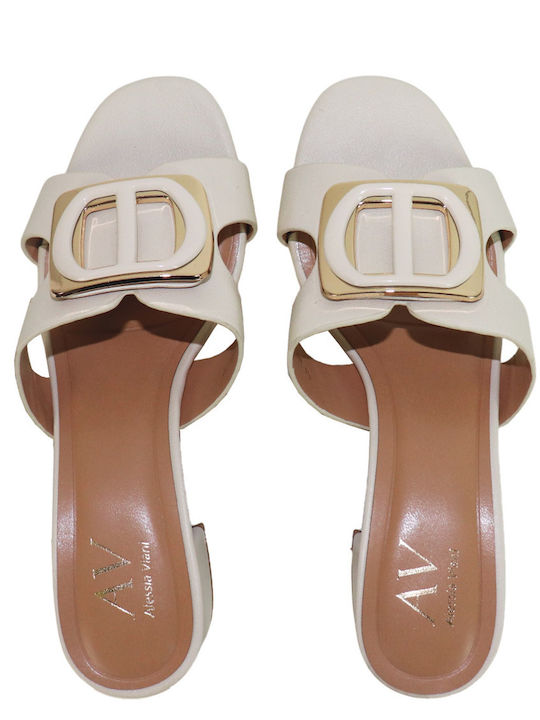 Mules With Chunky Low Heel In Beige Colour