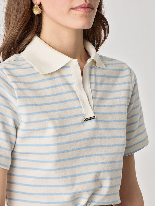 Women's Polo Short Sleeve Striped Light Blue Blouse
