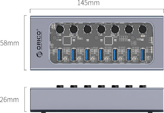 Orico Хъб 7 Порта USB 3.0 с Връзка USB-A Сив