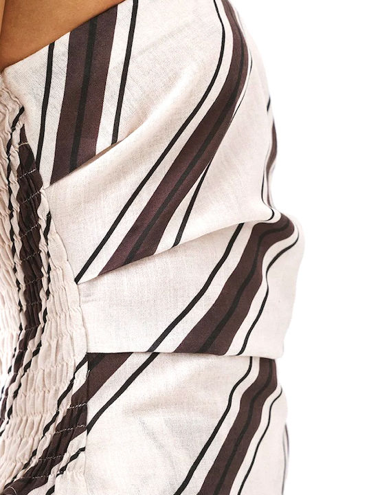 Women's Blouse Strapless Striped Ecru Brown Black