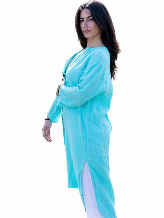 Long Sleeve Women's Linen Shirt Aqua