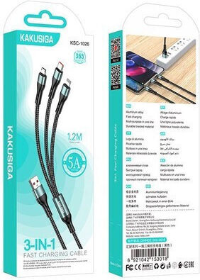 Kakusiga Braided USB to Type-C Lightning micro USB Cable 5A Black 1.2m KSC-1026