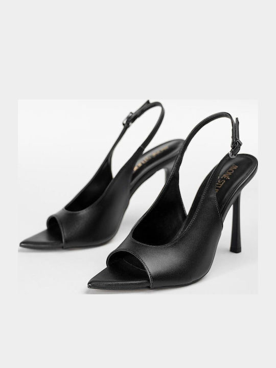 Δερμάτινες Peep Toe Γόβες με Τακούνι Στιλέτο Μαύρες