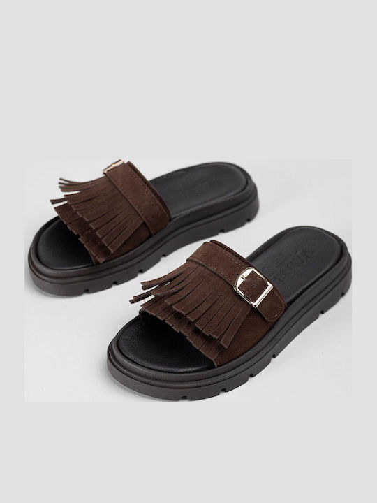 Leather Women's Flat Sandals Flatforms Brown