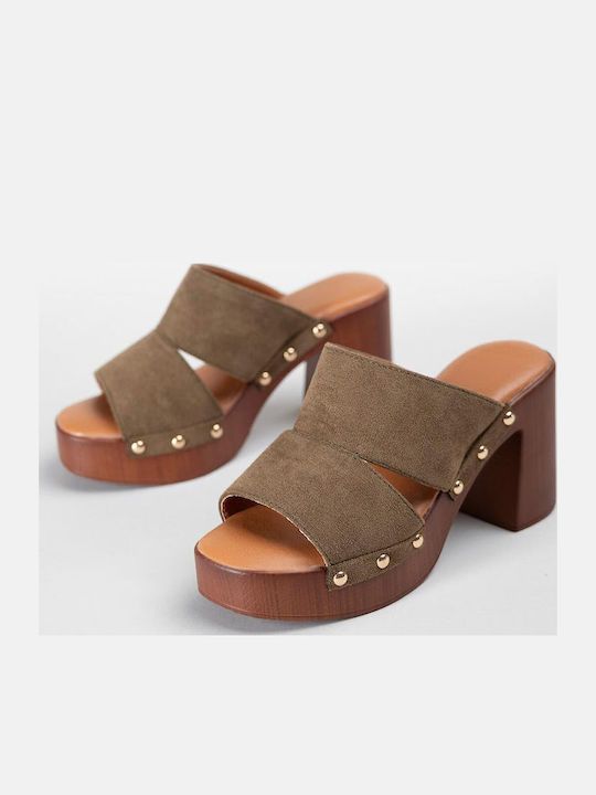 Suede Women's Mules with Chunky High Heel in Green Color