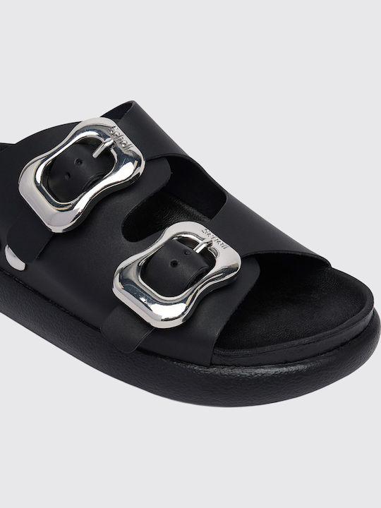 2 Straps Δερμάτινα Γυναικεία Σανδάλια Μαύρα