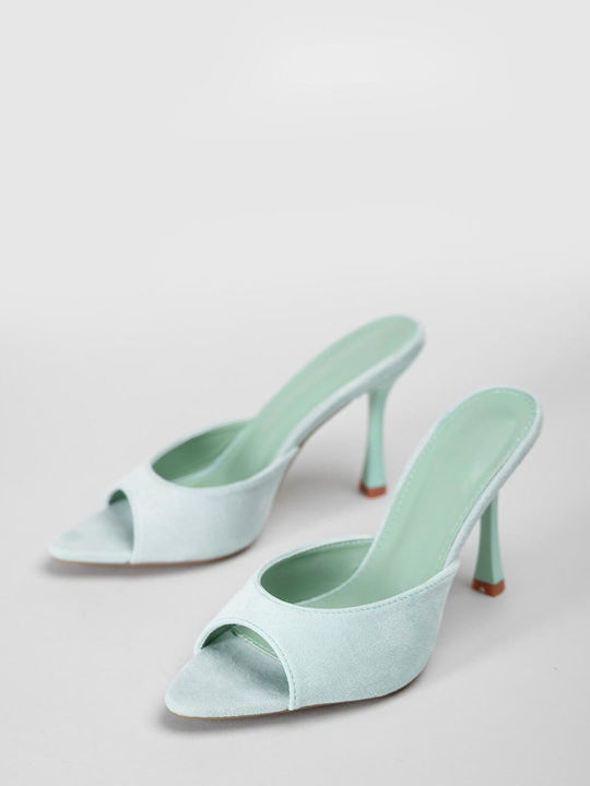 Suede Women's Mules with Thin High Heel in Green Color