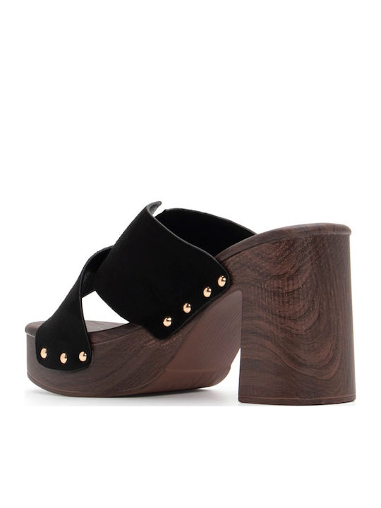 Suede Mules με Ψηλό Τακούνι σε Μαύρο Χρώμα