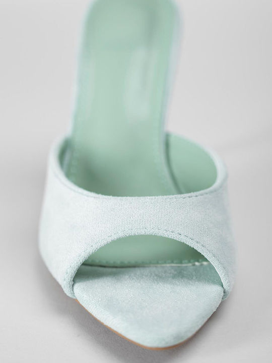 Suede Women's Mules with Thin High Heel in Green Color