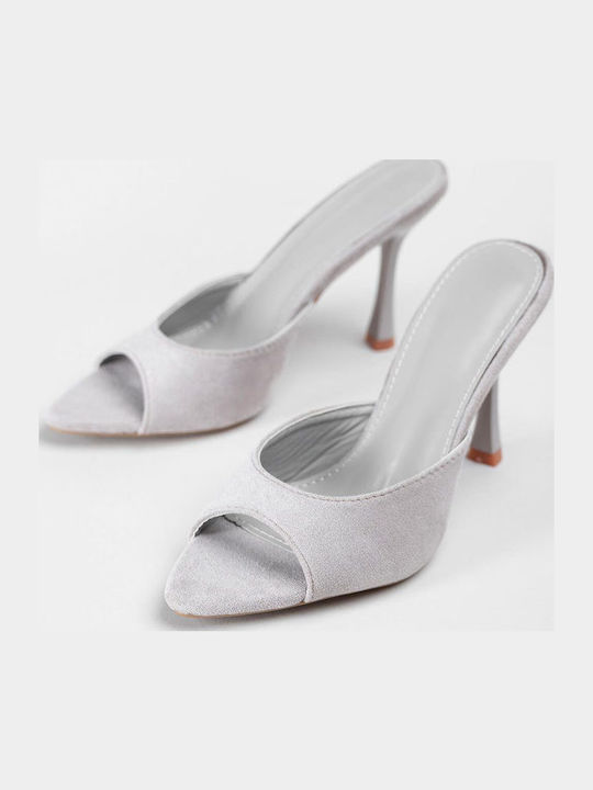 Suede Mules με Λεπτό Ψηλό Τακούνι σε Γκρι Χρώμα