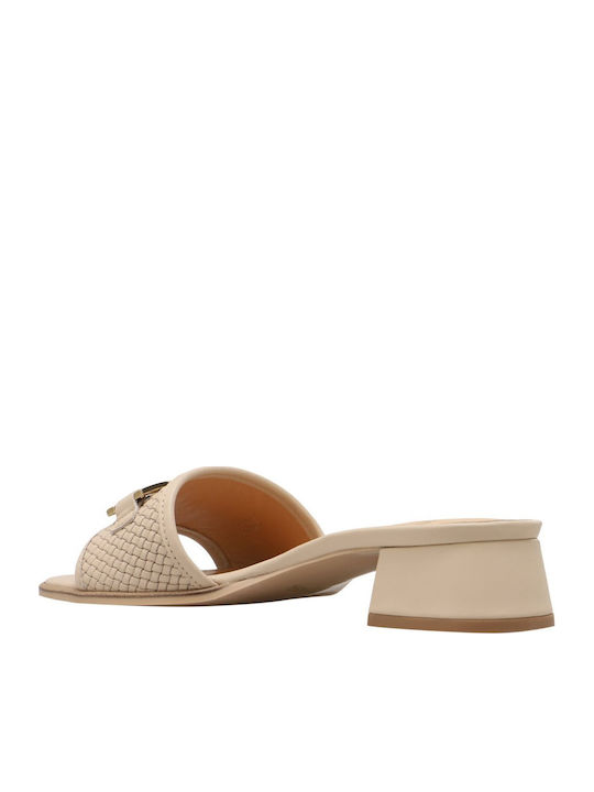 Leather Mules with Chunky Low Heel in Beige Colour