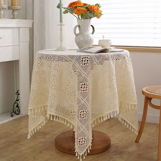 FRIPIA Cotton Tablecloth With White Lace 150x150cm
