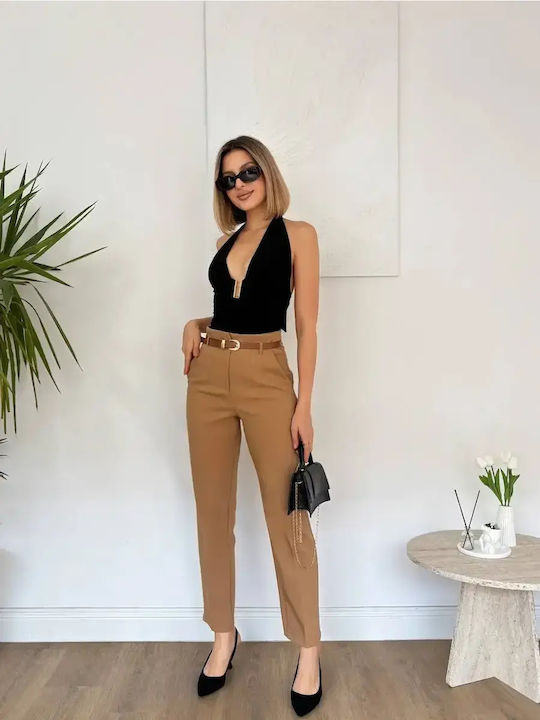 Women's High Rise Fabric Trousers in Slim Fit Beige
