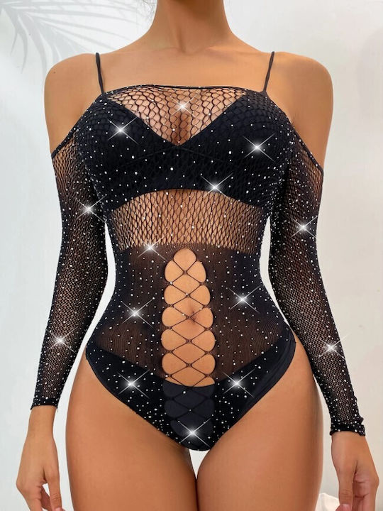Roza Rz60108z Sexy Κορμάκι Δίχτυ Στρας Μαύρο One Size Ελαστικό Γυναικείο Body Stocking