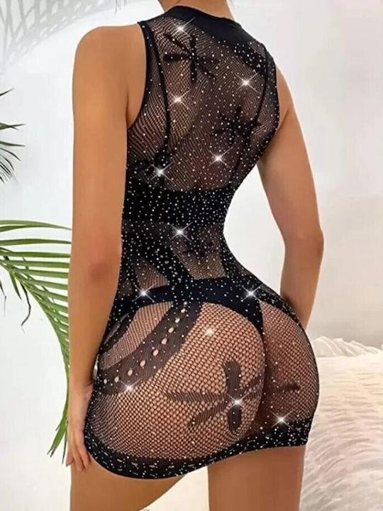 Roza Rz60241z Σέξι Διχτυωτό Mini Bodystocking Φόρεμα Στρας Μαύρο One Size