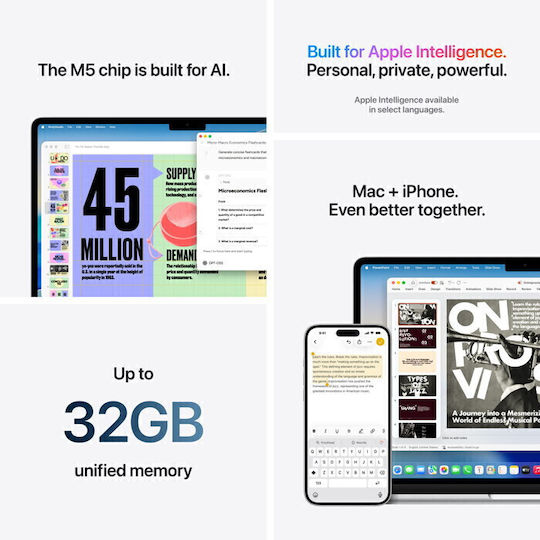 Apple MacBook Air 13.6" IPS Ecran Retina (M5-10 nuclee/16GB/512GB SSD/10-Core GPU) Midnight (Tastatură International English)