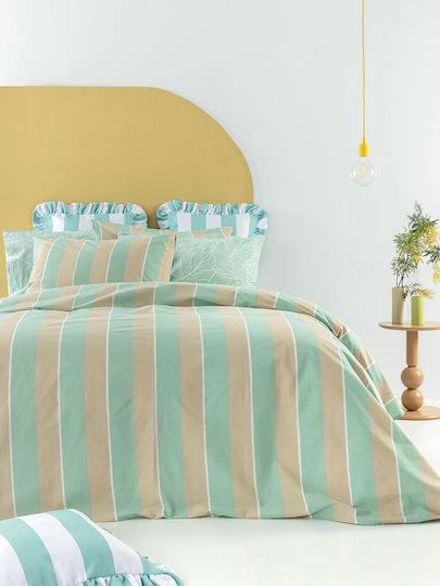 Palamaiki Palamaiki Bed Sheet Set with 2 Pillowcases Super King Size with Rubber Hugger 110x200+32cm Green-Beige (3 Pieces)