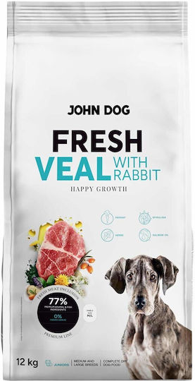 John Dog 12kg Trockenfutter für Welpen kleiner Rassen mit Kaninchen, Kaninchen, Fleisch, Lachs, Geflügel, Gemüse, Kartoffeln, Schweinefleisch und Apfel
