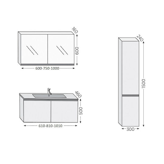 Έπιπλο Royal Madrid 100 Grey 101x46x50cm Βάση Νιπτήρας Καθρέπτης Ντουλάπι