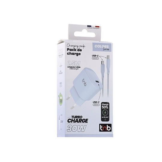 T'nB Φορτιστής GaN με Θύρα USB-C και Καλώδιο USB-C - USB-C 30W Power Delivery Μπλε (CHPDTC30)